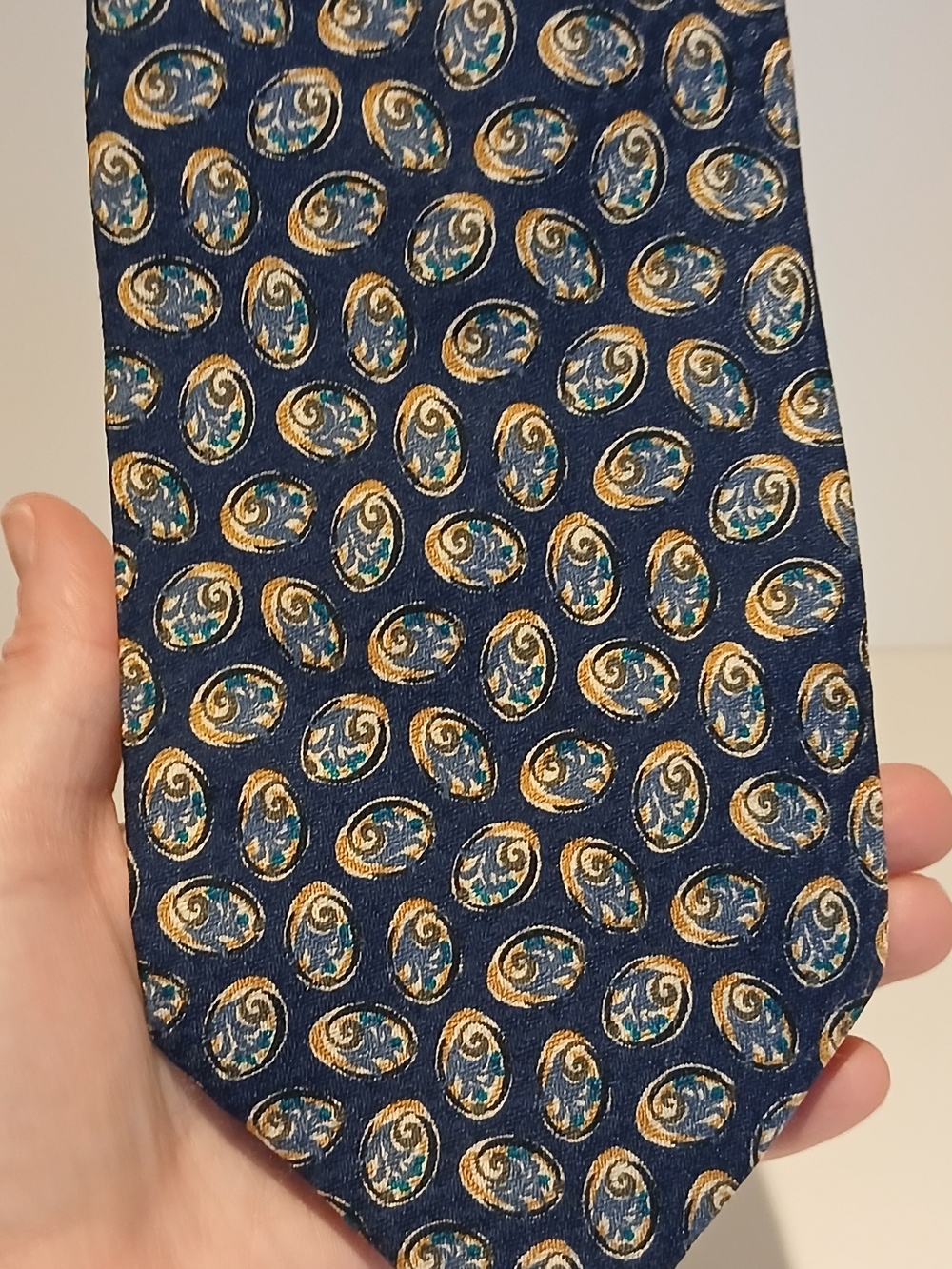 Valentino Navy Silk Tie with Gold and Teal Paisley Medallions